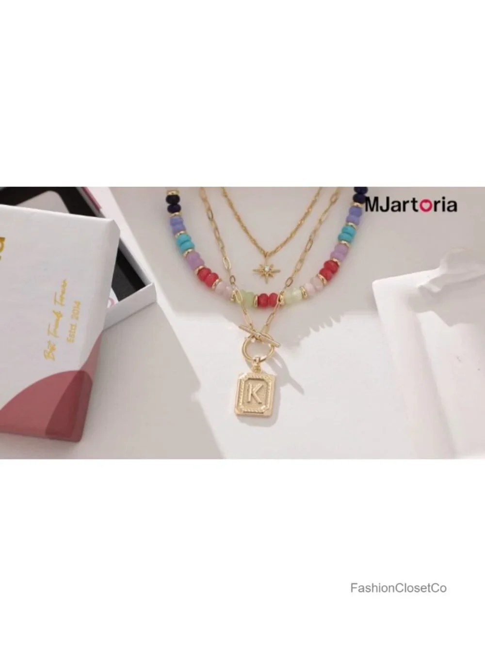 14K Gold Plated Layer Necklace Set Star Choker Beaded Letter Pendant